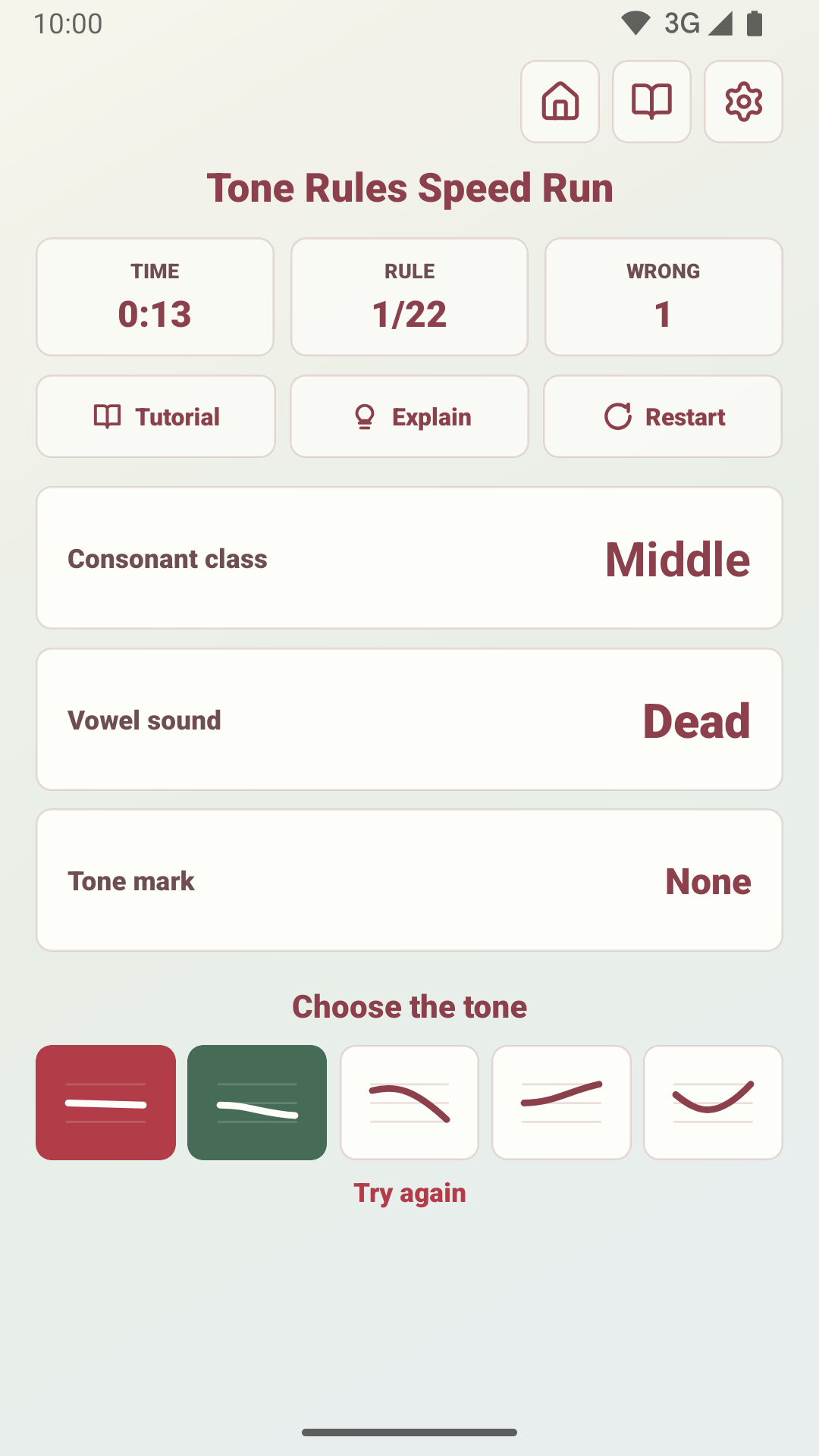 Vocab Arcade Tone Rules Speed Run showing consonant class, vowel sound, and tone choices